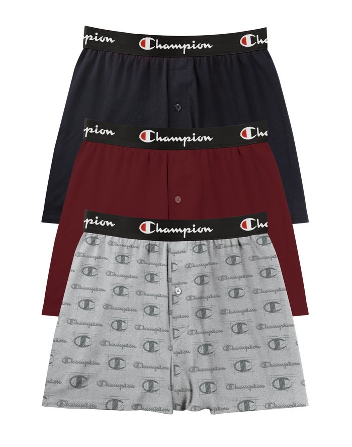 Champion Mens Boxer Briefs NZ - Everyday Comfort Knit 3-Pairs Grey/Dark Red/Navy ( 5016-UVGNL )